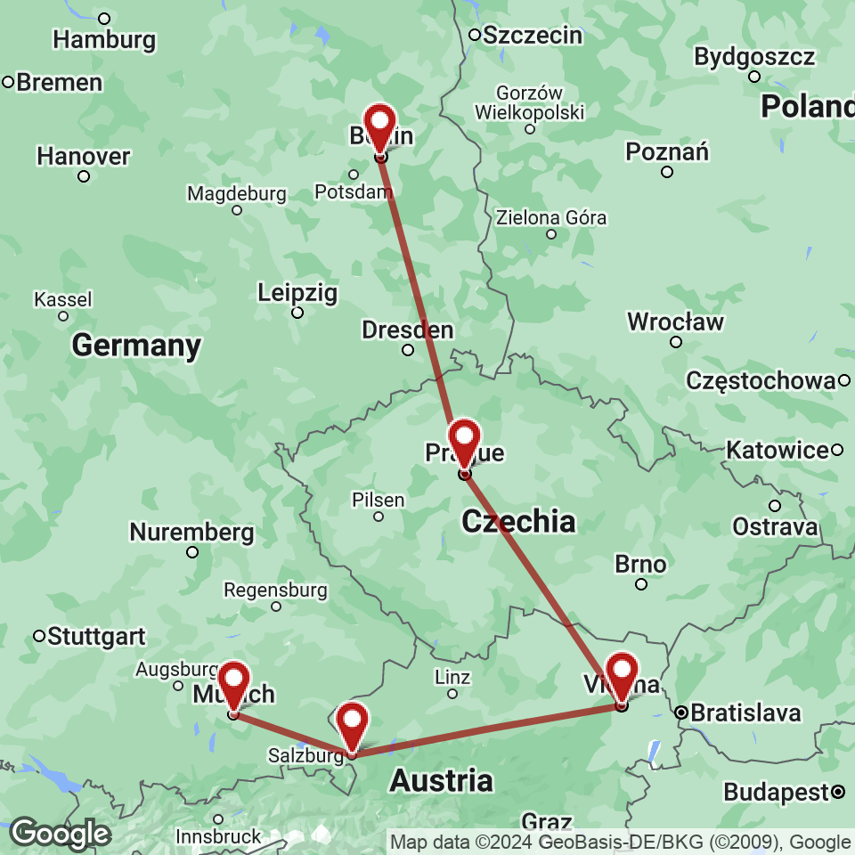 Route for Berlin, Prague, Vienna, Salzburg, Munich tour